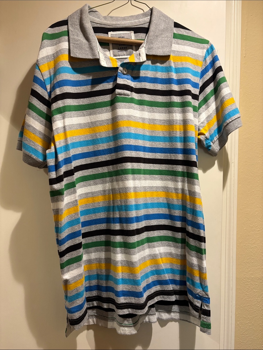 Old Navy Gray Polo with Blue, Green, Yellow & Black Stripes